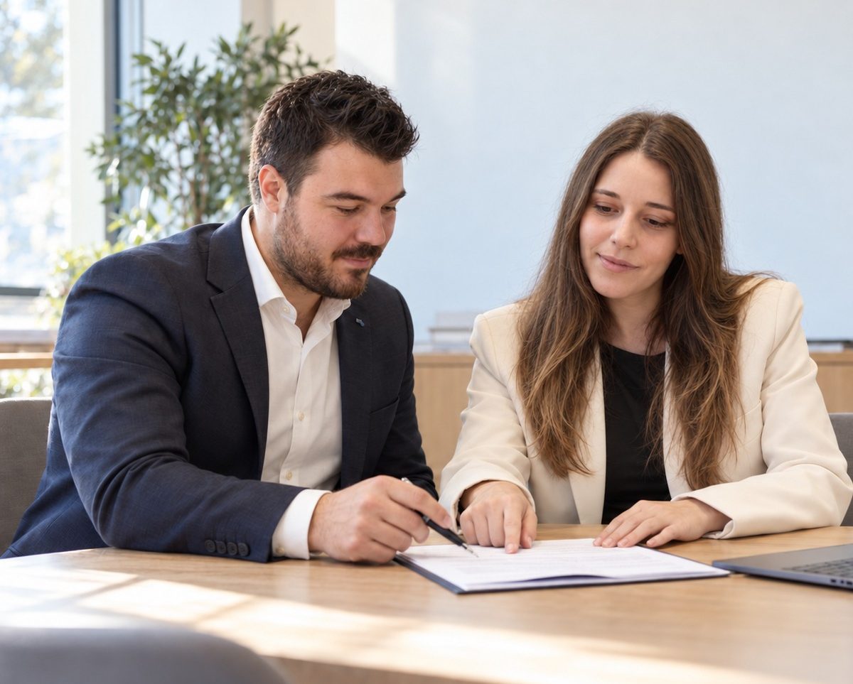    Broker hipotecario revisando la oferta de hipoteca con una clienta en Madrid